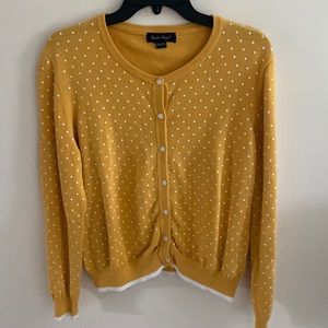 Charlie Paige Yellow and White Polka Dot Cotton Cardigan Sweater Size Large
